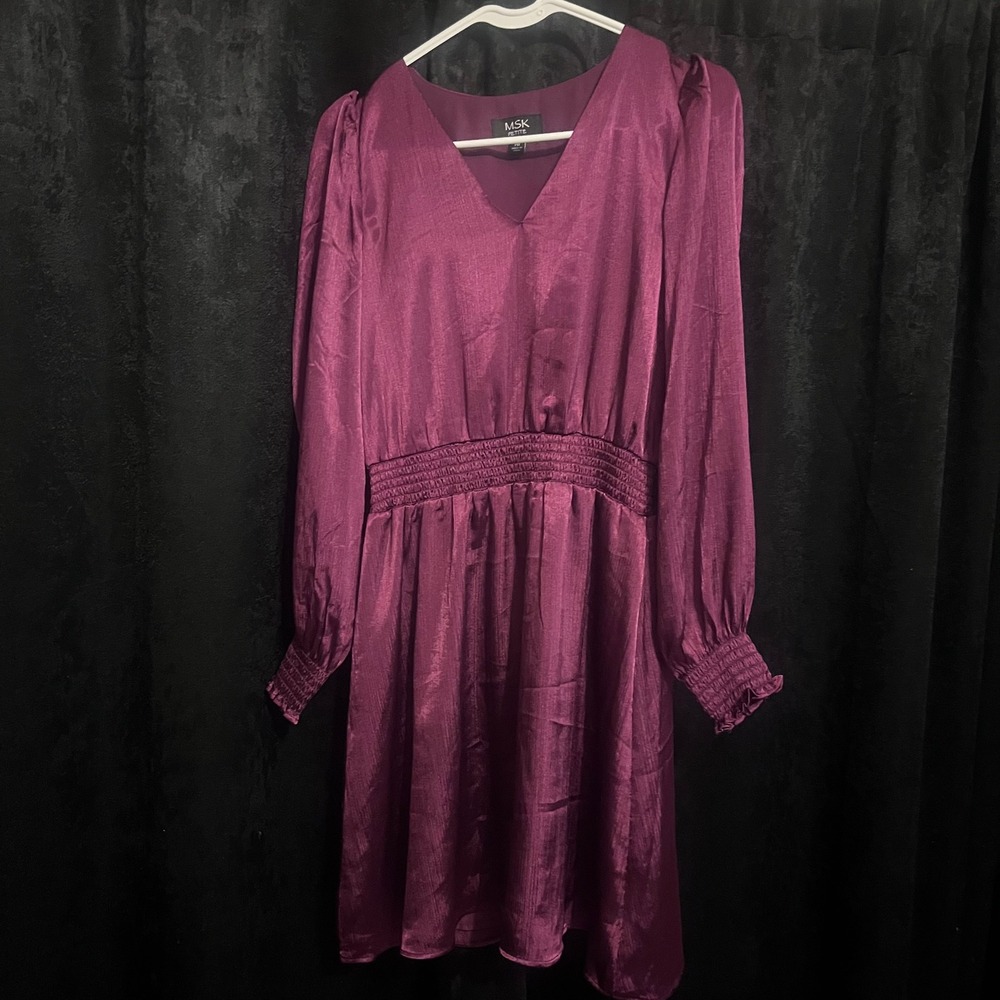 MSK Petite Womens Plum Purple Satin V-Neck Smocked Waist Long Sleeve Dress PM